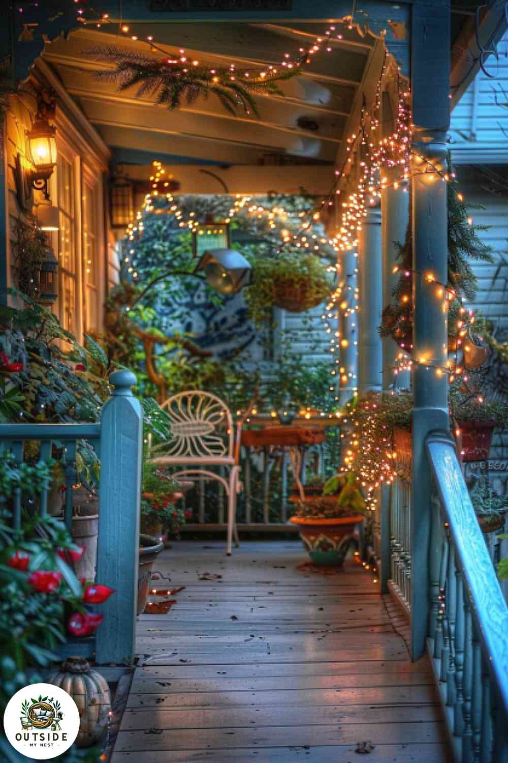 Back porch with whimsical fairy lights draped over plants
