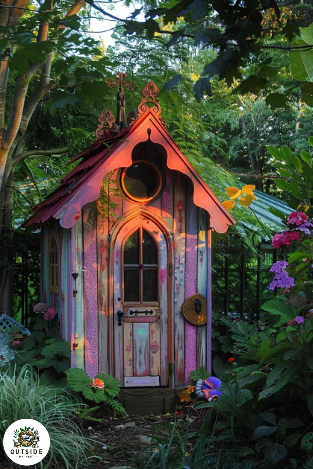 Whimsical playhouse shed in an enchanted garden setting.