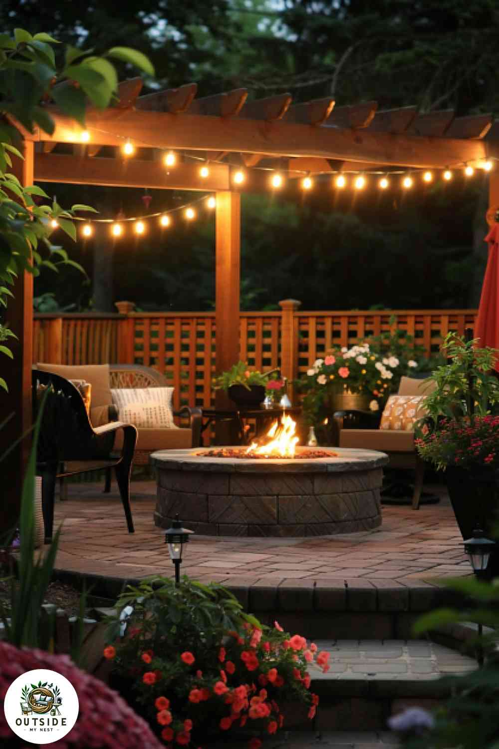 Wood look tile on an outdoor patio with cozy fire pit
