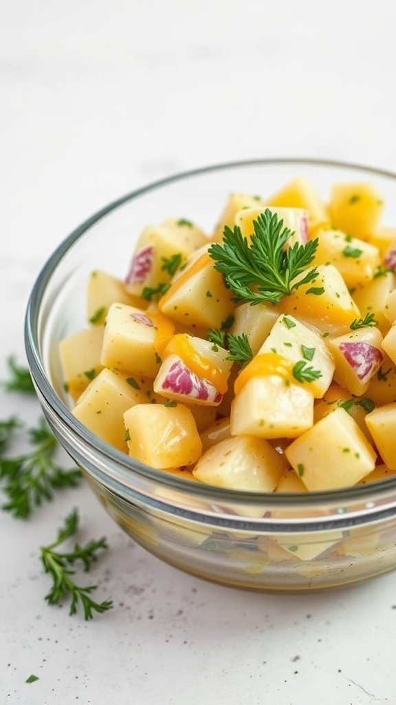 A bowl of zesty potato salad with mustard dressing, featuring diced potatoes, red onion, and parsley.