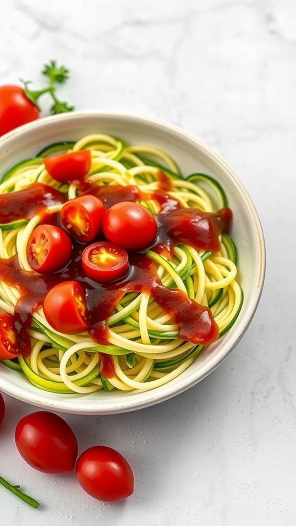 A bowl of zucchini noodles topped with BBQ sauce and halved cherry tomatoes.